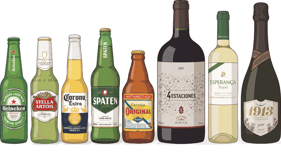 As bebidas servidas na festa, em ilustração: Heineken, Stella Artois, Corona Extra, Spaten, Antarctica Original, vinho tinto 4 Estaciones, vinho branco Esperança e espumante 1913