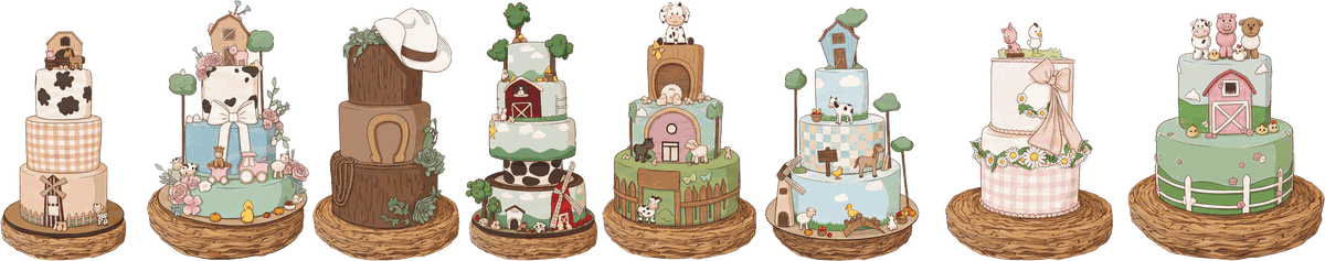 Oito bases de bolo com tema de fazendinha, em ilustração: andares com vaquinha, celeiro, chapéu de palha, moinho, cerquinha e bichinhos de açúcar, cada uma na sua base de palha