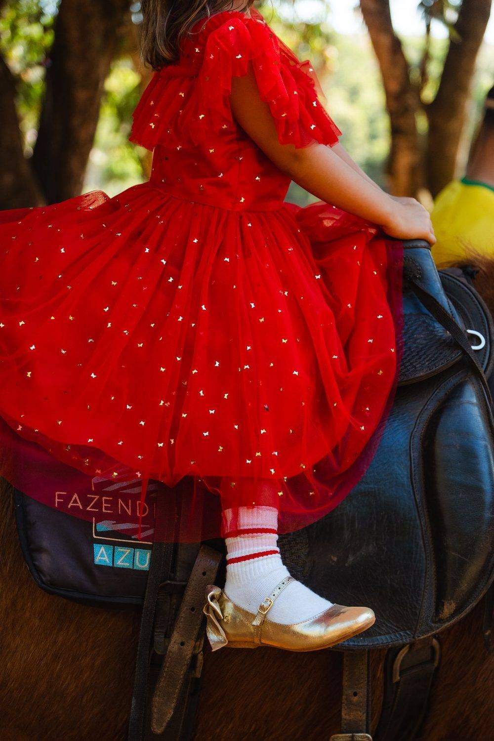 Menina de vestido montada no cavalo