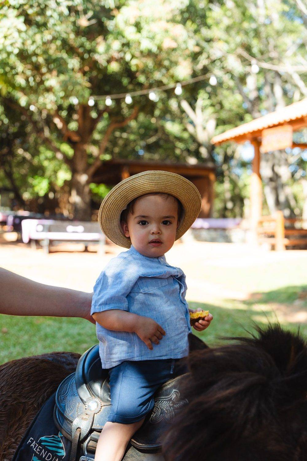 Menino de chapeu montado no ponei